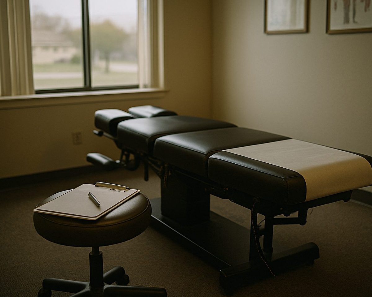 An empty chiropractic exam room with fresh paper on the table and a clipboard and pen on a rolling stool, morning light through the window