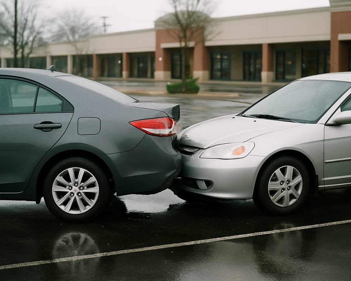Two sedans nose to tail in a wet strip-mall parking lot after a low-speed collision, one rear bumper dented