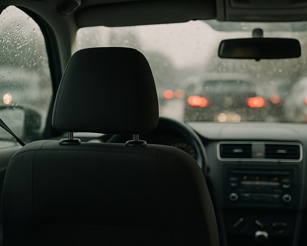 The inside of a parked car seen from the back seat, driver headrest and seat belt in focus, rain on the windshield and blurred traffic beyond