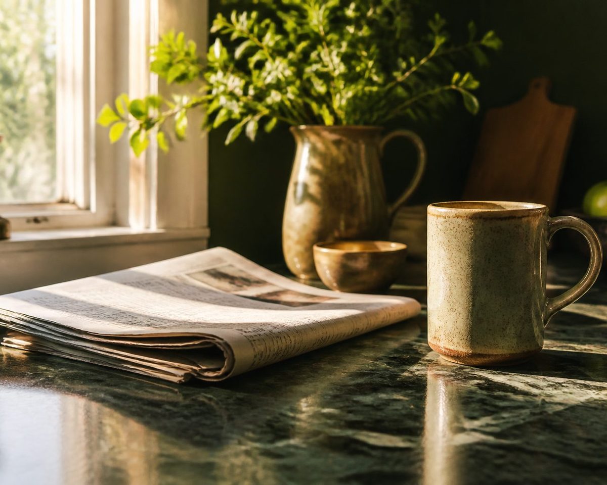 A folded newspaper and a stoneware mug on a dark green stone counter by a sunlit window