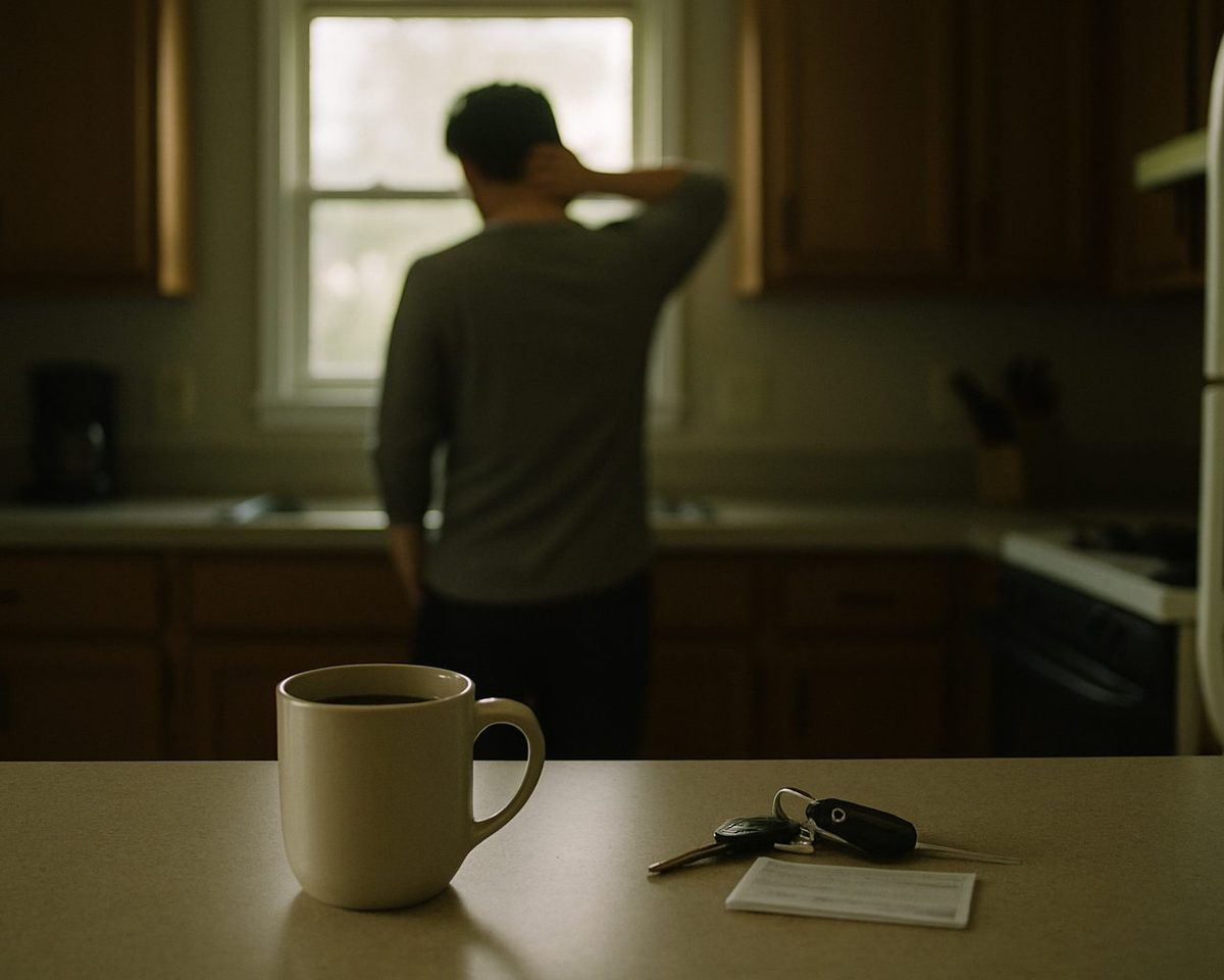 A dim kitchen at seven in the morning, a mug and car keys on the counter, a person seen from behind rubbing the back of their neck at the window